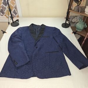 Elegant Navy Floral Jaquard Tuxedo Jacket with Black Accents Soze L. UUCP